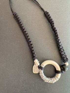 Black Woven Cord Bracelet with Decorative Silver-Tone Ring
